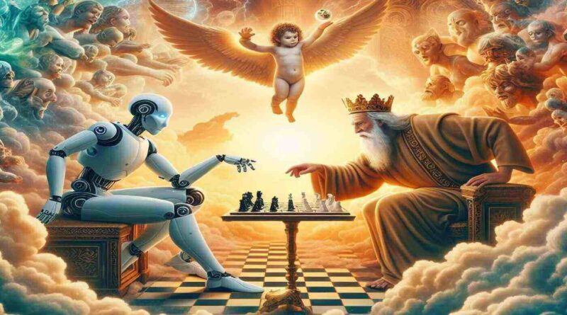 Yapay zeka, Tanrıyla satranç oynuyor ve melekler onları izliyor.