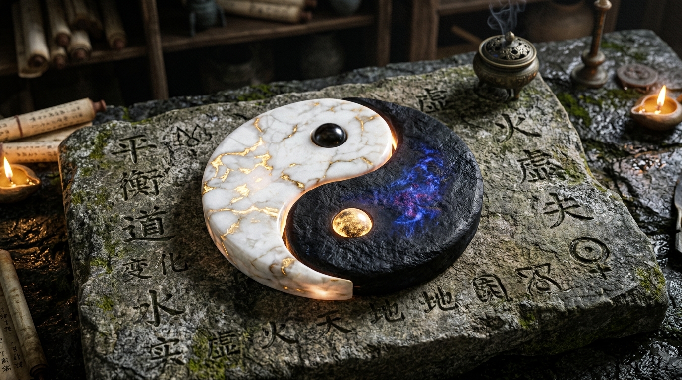 Yin-Yang sembolü. Doğada eril güçler ile dişil güçler birbirlerinin içinde aktif ve pasif halde bulunur.